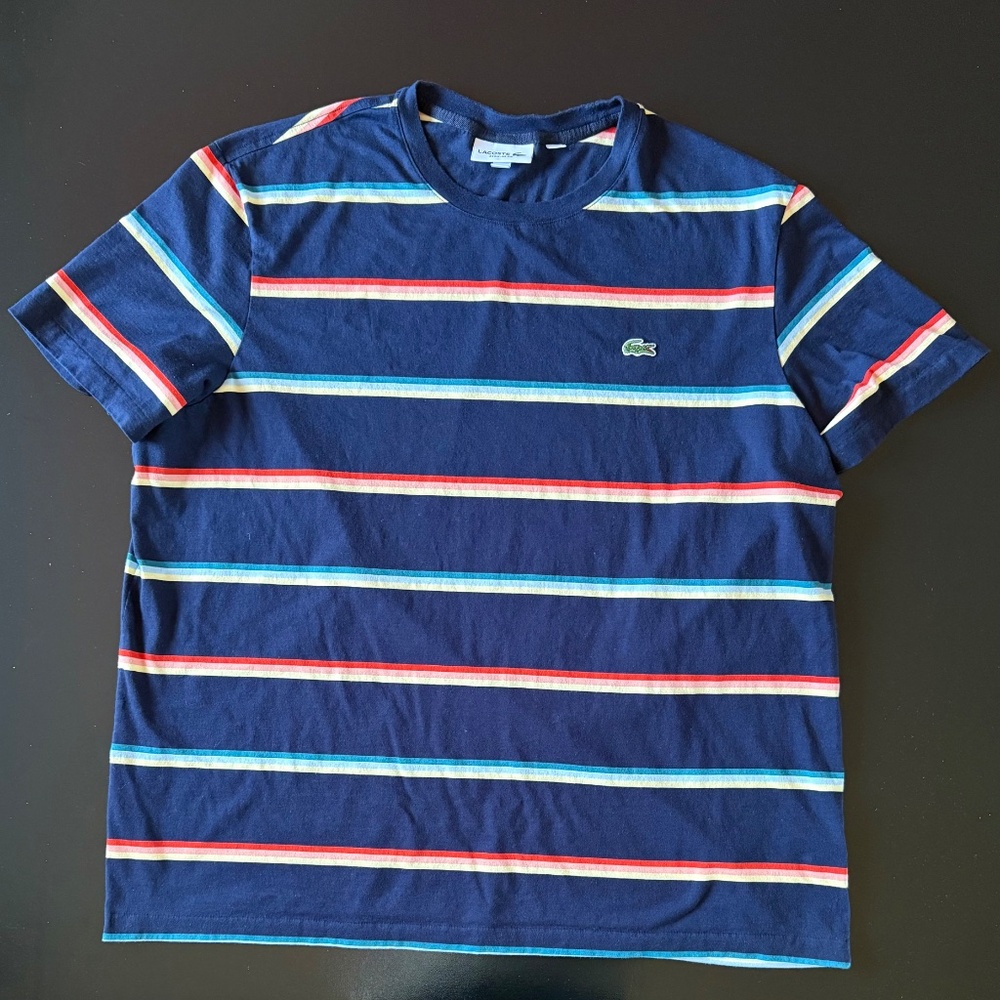 Lacoste V Neck T-Shirt - Size XXXL - Blue w/ Multi Color Stripes